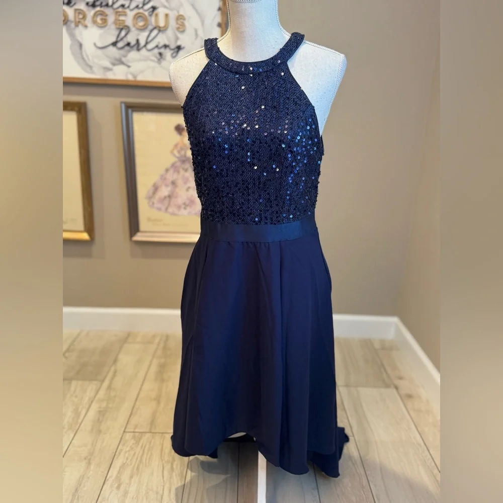 New! DRESSYSTAR Midnight Blue High-Low Sequin Dress